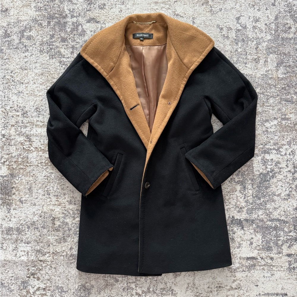 Ellen Tracy Chic Wool Blend Car Coat Black Camel Collar Size 4